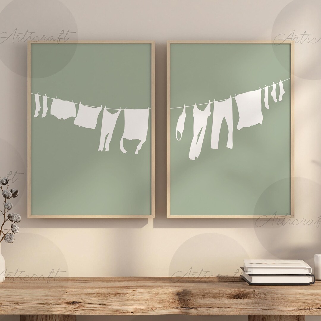 Laundry on Clothesline, Laundry Room Printable Posters Set of 2, Sage ...