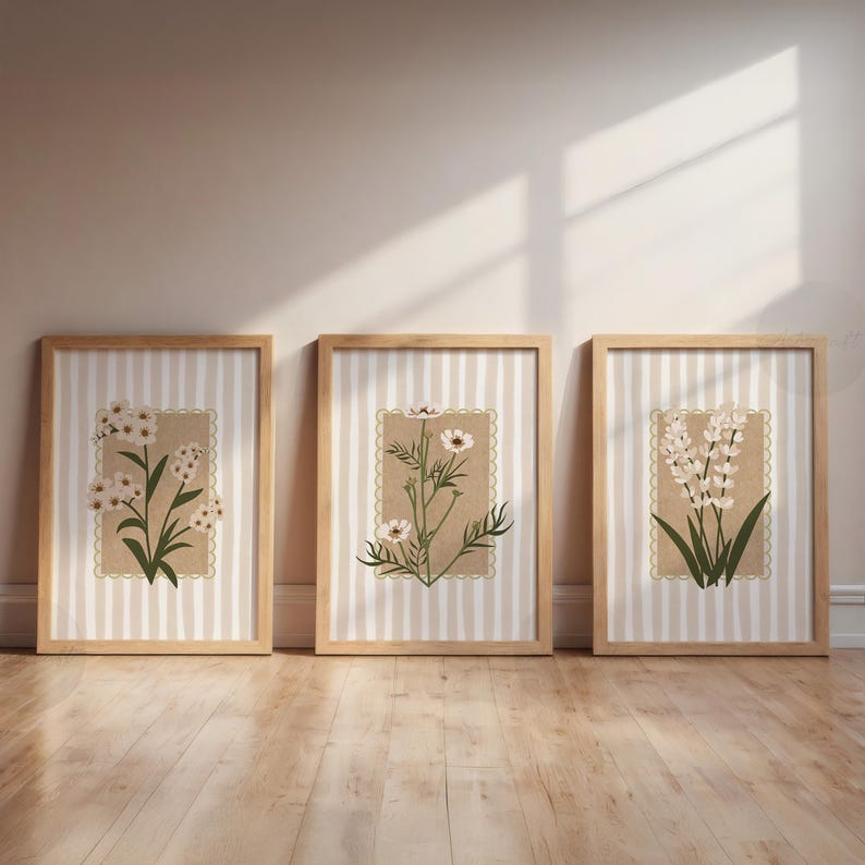 Floral Printable Set of 3 Retro Neutral Flowers Wall Art Digital ...