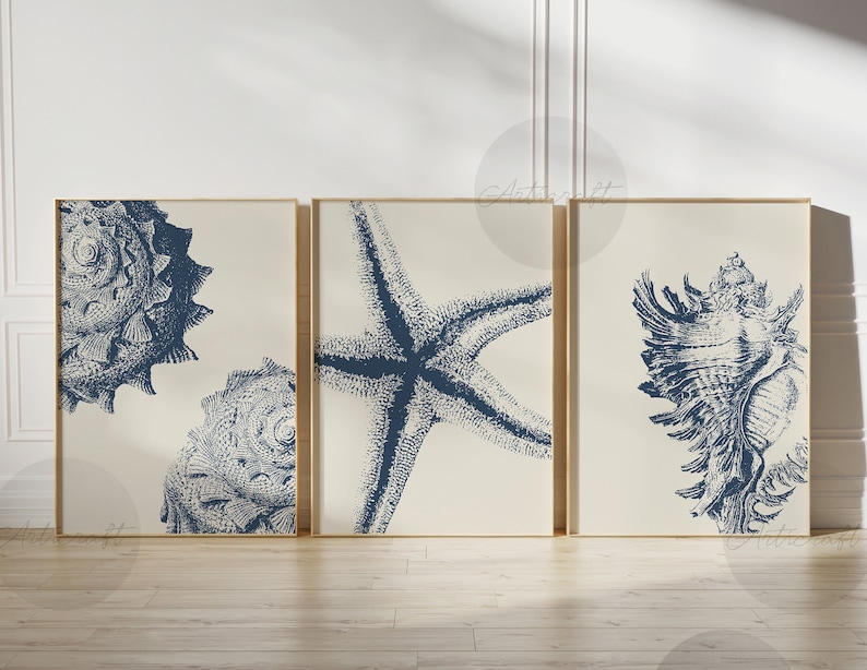 Coastal Print Set of 3 Blue Printable Beach Art, Sea Star, Seashell ...