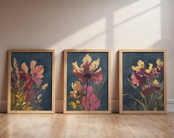 Botanical Printable Set of 3, Boho Abstract Floral Wall Art, Home Decor