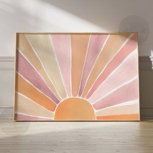 Horizontal Boho Sun Print, Orange & Blush Sun, Watercolor Printable Sun, Abstract Sunrise Wall Art Decor, Scandinavian Midcentury Modern Art