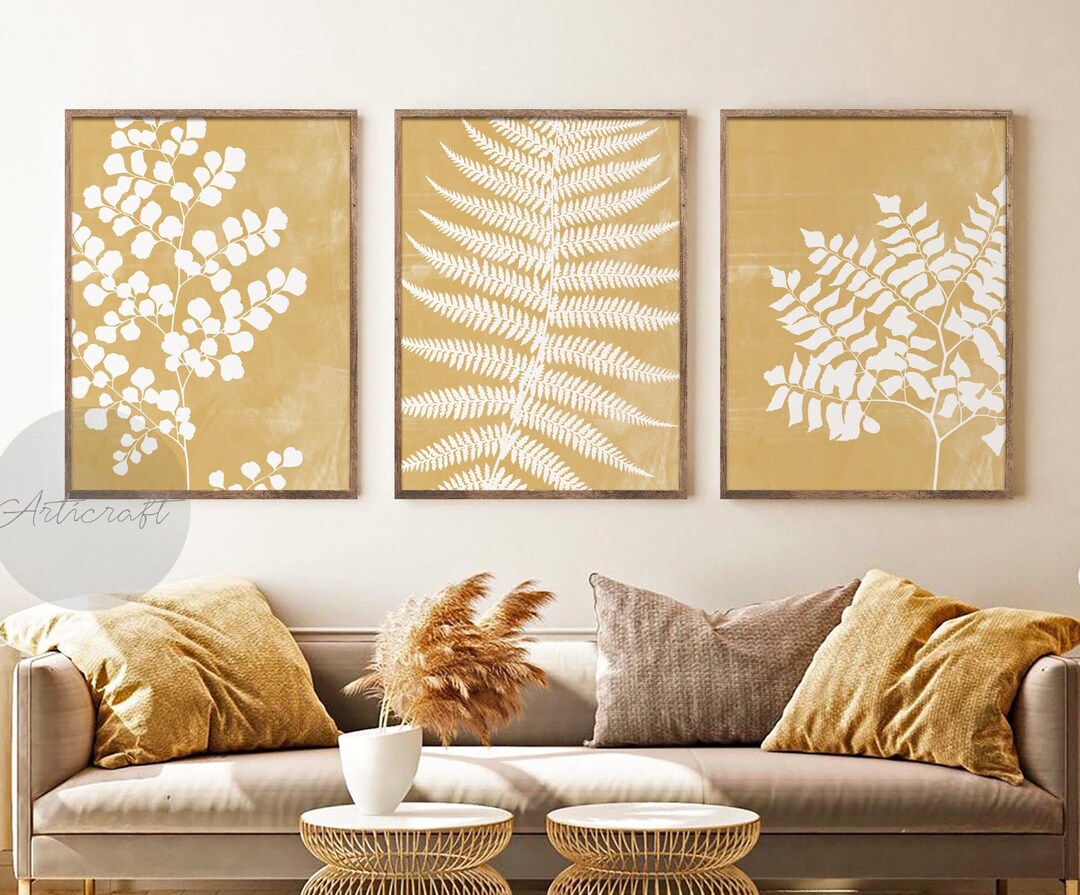 Yellow Fern Set of 3, Botanical Gallery Wall Art, Boho Mustard Yellow ...