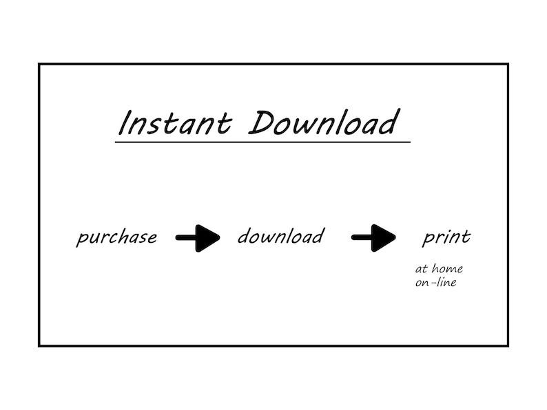 Puede incluir: Gr&aacute;fico blanco con las palabras "Descarga instant&aacute;nea" encima de una serie de flechas y palabras: comprar, descargar e imprimir. La palabra "imprimir" tiene las palabras "en casa en l&iacute;nea" debajo.