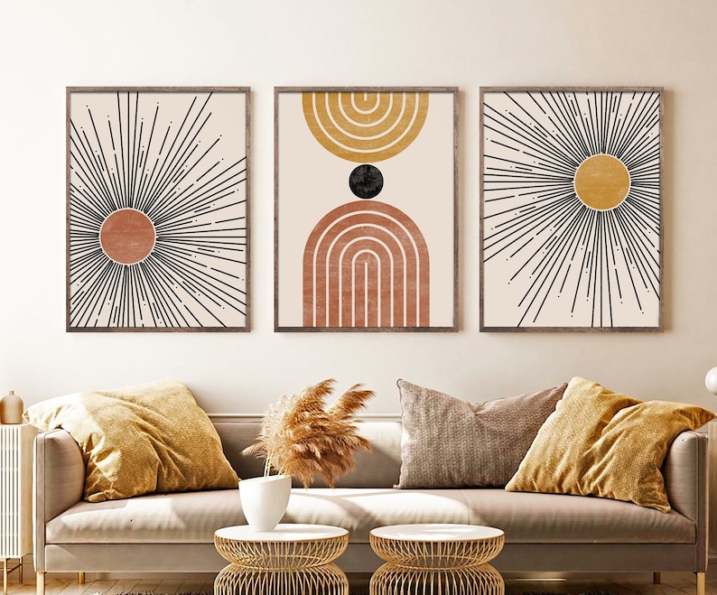 Mid Century Modern Geometric Sun Print Set of 3 Prints, Digital Abstract Sun Print, Geometric Line Wall Art Set, Terracotta Yellow black art 