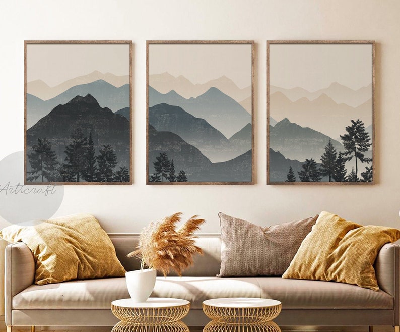 Abstract Mountain Print Set of 3, Minimal Blue Mountain, Abstract Landscape, Mid Century Modern Living Room Wall Decor, Mountain wall Art image 1