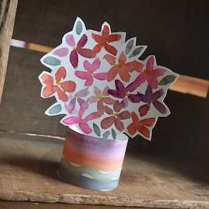 Cartão de flores em aquarela para impressão, cartão de formatura com recorte floral, cartão de aniversário com buquê 3D para mulheres, cartão digital, dia das mães, cottagecore
