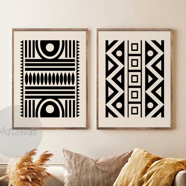 Abstract Black Beige Geometric Print Set of 2, Digital Rug Pattern Wall decor, Mud Cloth Printable Wall Art, Neutral Boho Tribal wall art
