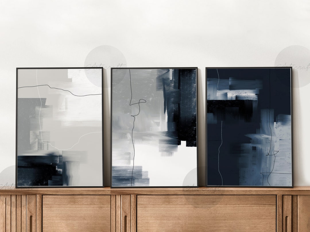 Navy Blue Abstract Art, Modern 3 Piece Art, Painting, Gallery Wall Art ...
