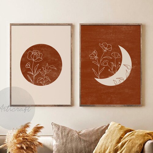 Terracotta Sun And Moon Art Set Of 2 Prints Modern Boho Sun Etsy