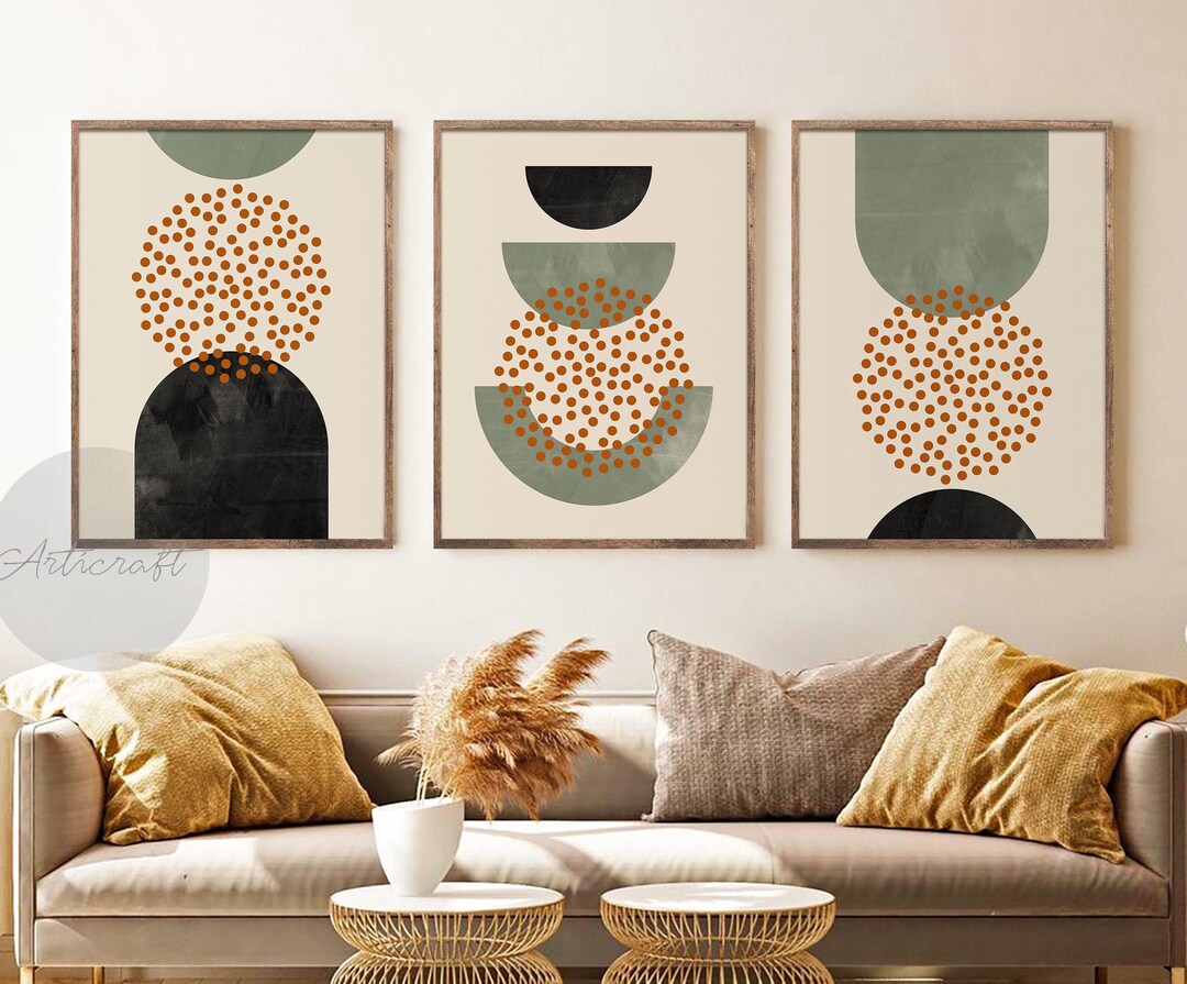 Green & Orange Mid Century Modern Geometric Print Set of 3 Etsy