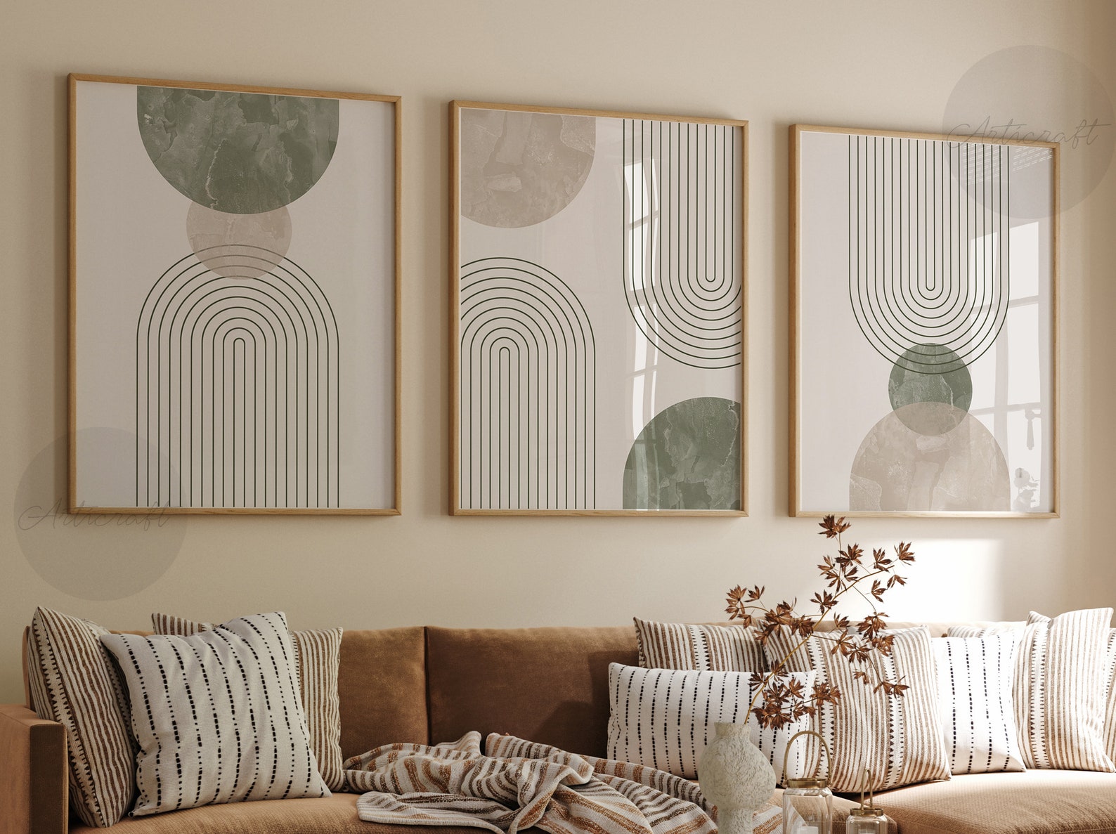 Green and Beige Mid Century Modern Geometric Art Set of 3 Prints, Boho ...