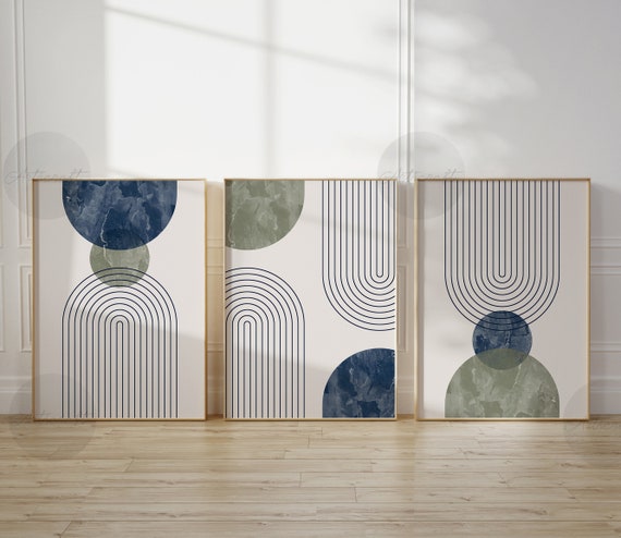 Set 3 Quadri Boho Verde Salvia: Stampe Artistiche Moderne Con Foglie Geometriche Per Soggiorno E Camera