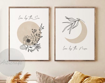 Live by the Sun Love by the Moon Art Set of 2 Prints, Boho Floral Sun Moon Digital Art, Abstract Sun Beige Black Line Wall Art, Typography