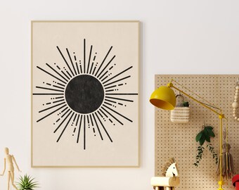 Sun and Moon Art Set of 2 Prints, Mid Century Sun and Moon