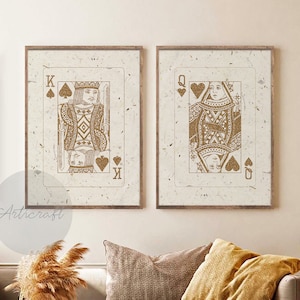 King and Queen Playing Cards Wandkunst-Set 2 Drucke, digitale Preppy Art, Glitter Gold druckbare Kunst, Mid Century Trendy Retro Poster