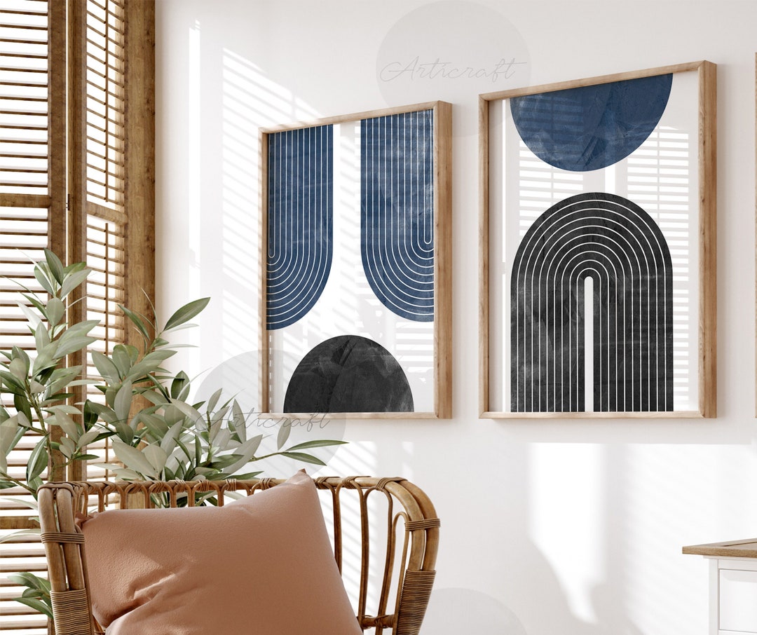 Black and Navy Blue Geometric Art Set of 2 Midcentury Modern Etsy