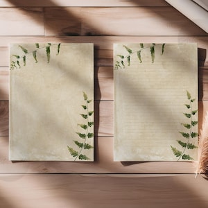 Papelería botánica imprimible, páginas de helechos vintage, papel de escritura digital retro, papel imprimible estilo granja bohemia tamaño A4 y carta de EE. UU. 8,5 x 11