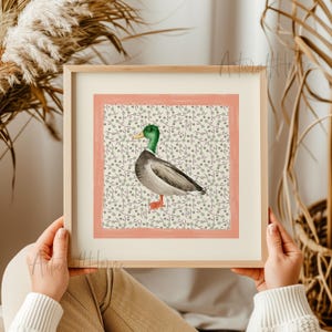Mallard duck printable square poster, Nursery vintage farmhouse cottagecore wall art, digital trendy playroom decor retro kids&#39; illustration