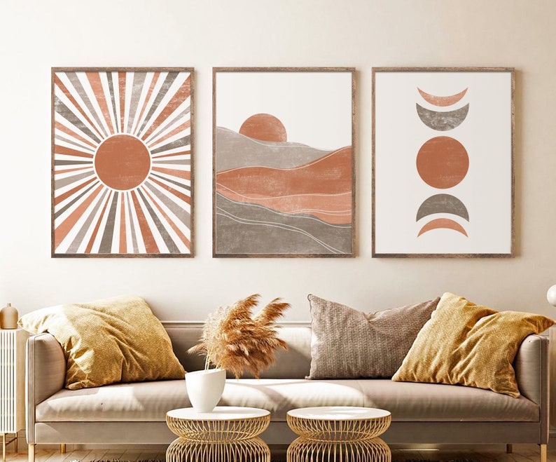 Boho Art Set of 3 Prints Digital Abstract Sun Moon Print Etsy