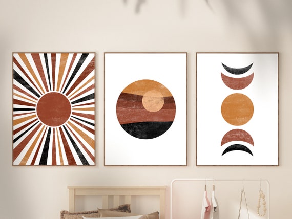 Sun and Moon Phases Art Print Boho Decor Set of 2 Terracotta Wall Art ...