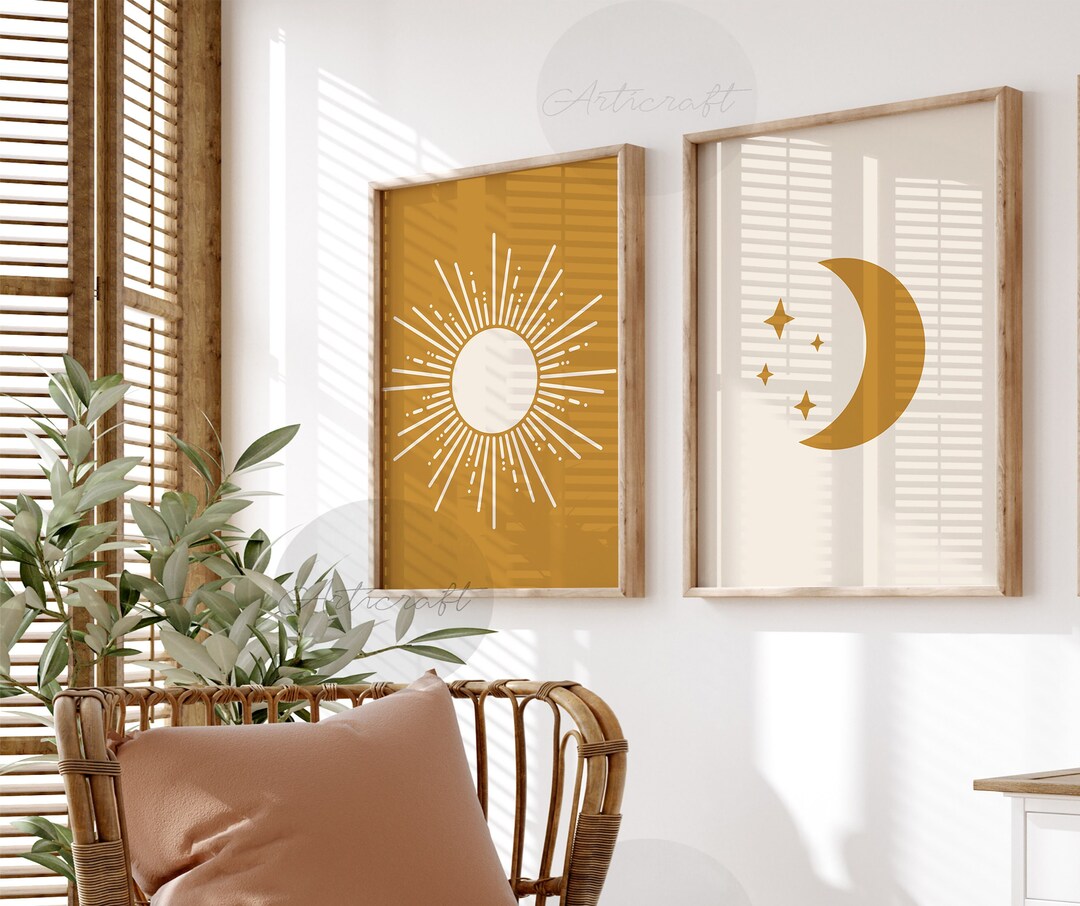 Sun and Moon Art Set of 2 Prints, Mid Century, Nursery Boho Print Set ...