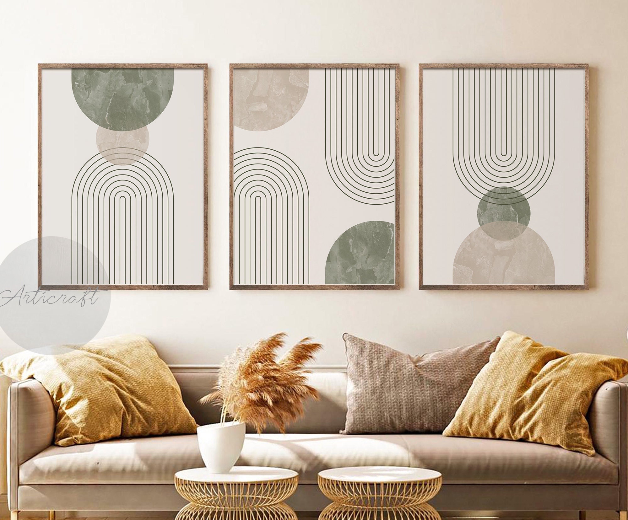 Green and Beige Mid Century Modern Geometric Art Set of 3 Prints