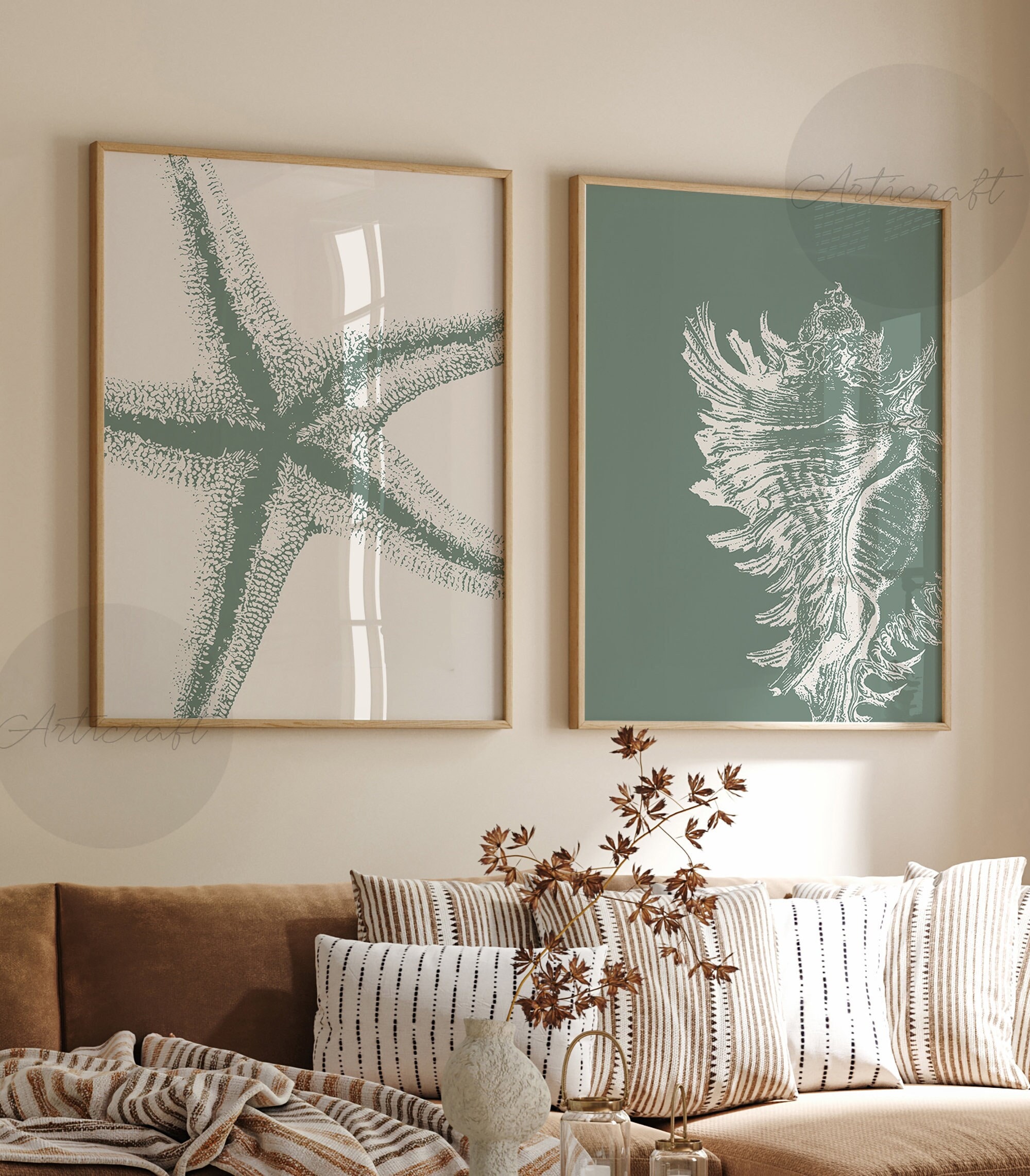 Coastal Print Set of 2, Sage Green Printable Beach Art, Sea