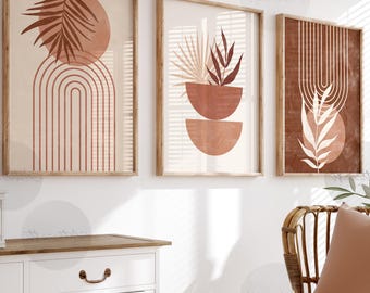 Set of 3 Boho Wall art Prints, Boho Botanical Prints, Midcentury Modern palm leaves Beige & terracotta Orange Printable Abstract, Home Decor