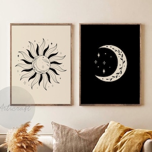 Boho Sun and Moon Print Set of 2, Mid Century Sun and Moon Print Set, Botanical moon Abstract Art, Stars, Wall Art decor, Black Beige Art