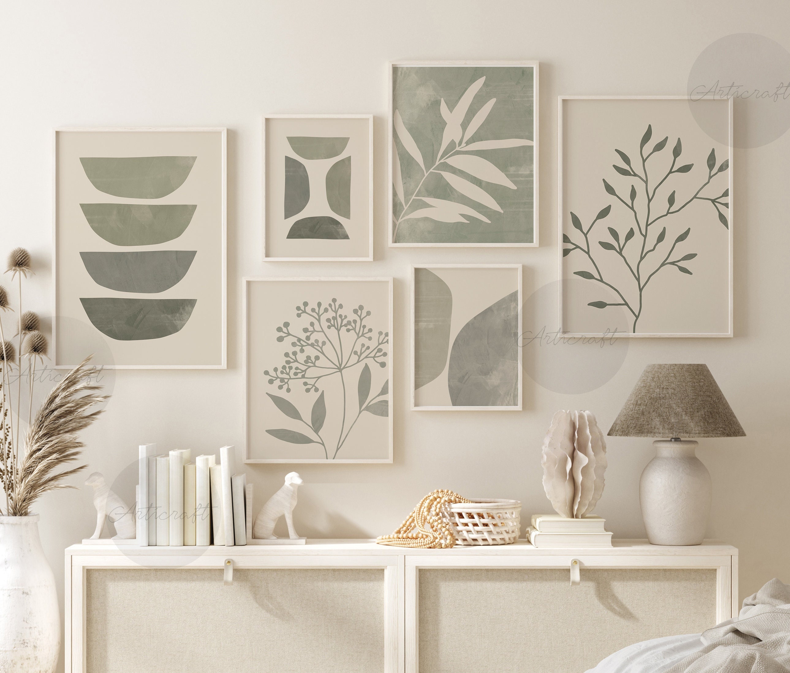 Abstract Botanical Art Set of 6, Olive Sage Green Boho Gallery Wall art, Farmhouse Wall Decor, Wildflower Art, Minimalist Printable Art