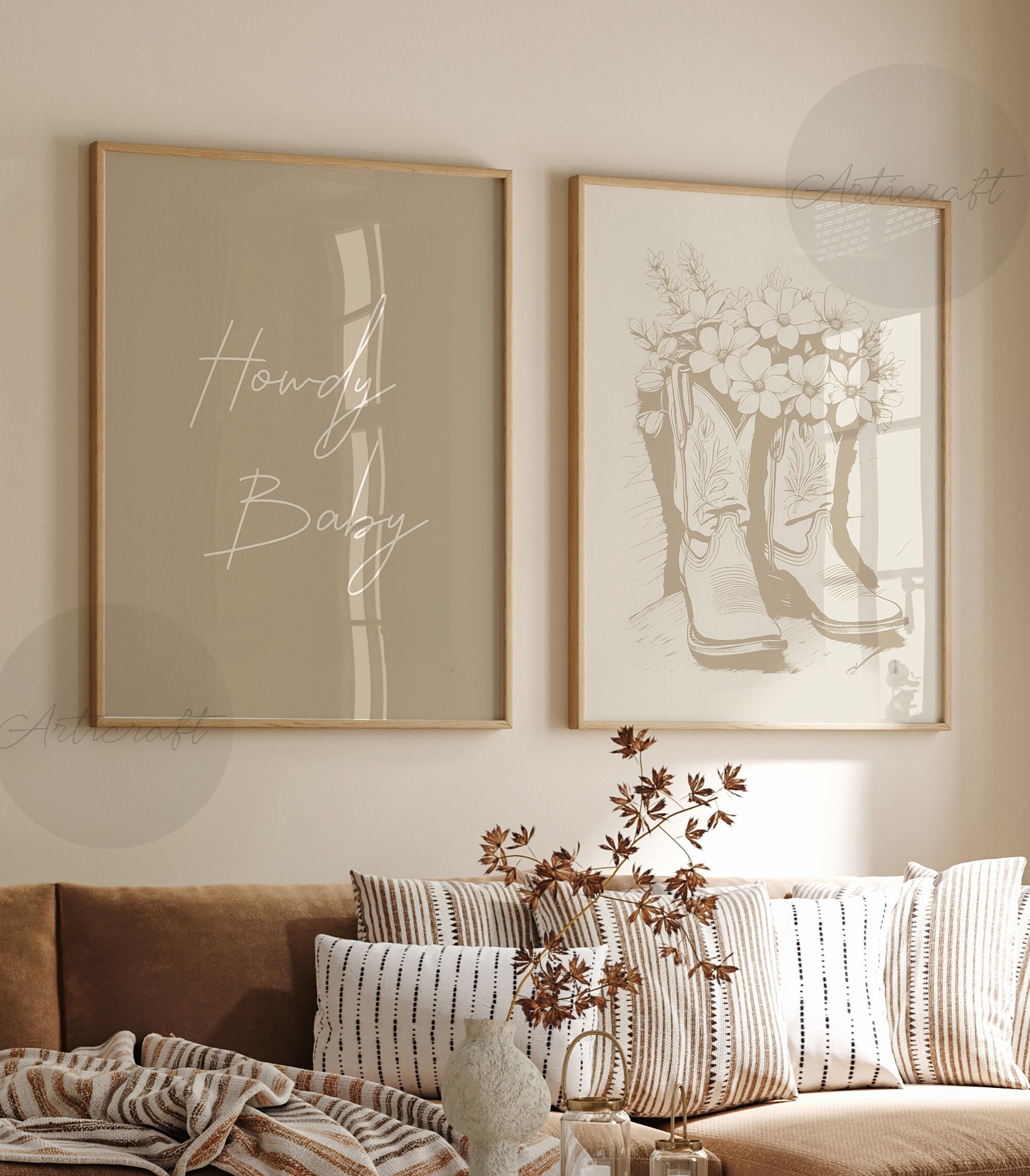 Cowgirl Print Set of 2, Howdy Baby, Flower Boots, Neutral Digital Wall Art, Beige Western Printable Southern Girl Trendy Posters, Preppy