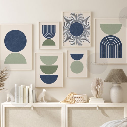 Mid Century Modern Art Set of 6 Prints, Sage Green & Navy Blue
