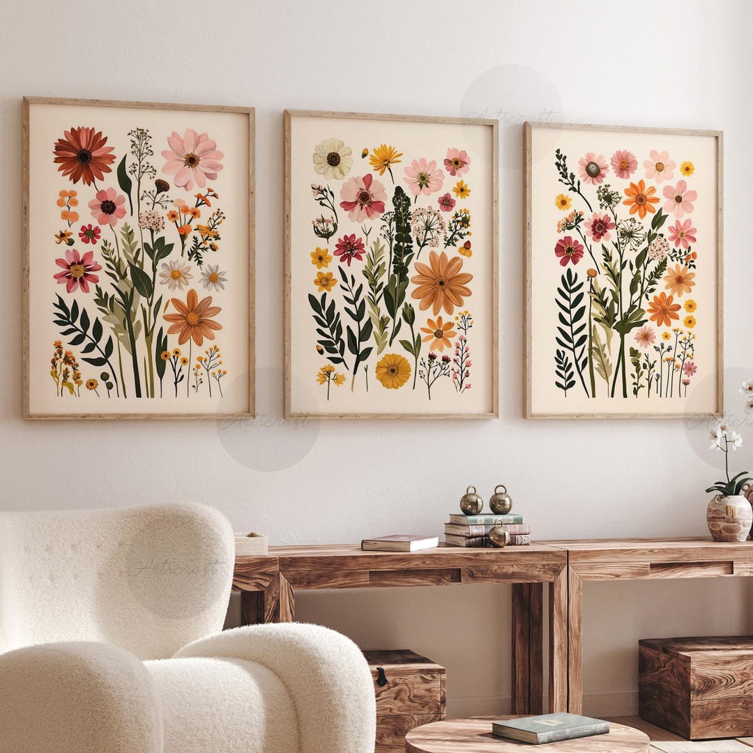 Floral Printable Set of 3, Wildflowers Nursery Wall Art, Boho Colorful ...