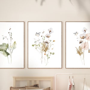 Watercolor Botanical Print Set of 3, Gallery Wall art, Floral Printable Art, Wild Flowers Art Floral Line Art, Modern Home Decor Art image 2