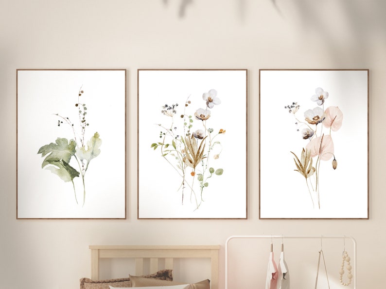 Watercolor Botanical Print Set of 3, Gallery Wall art, Floral Printable Art, Wild Flowers Art Floral Line Art, Modern Home Decor Art image 2