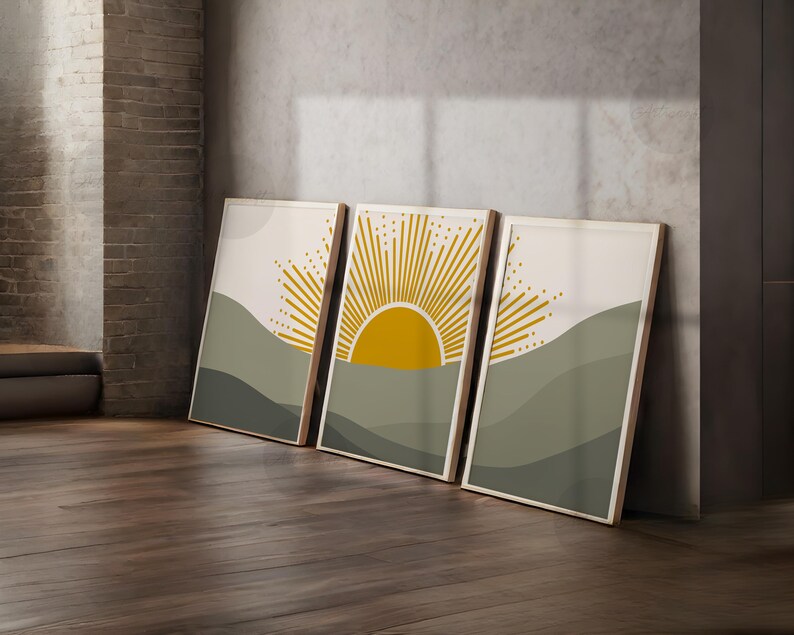 Boho Sun Print Set of 3 Prints, Wall Decor, Yellow Sun Digital Download ...