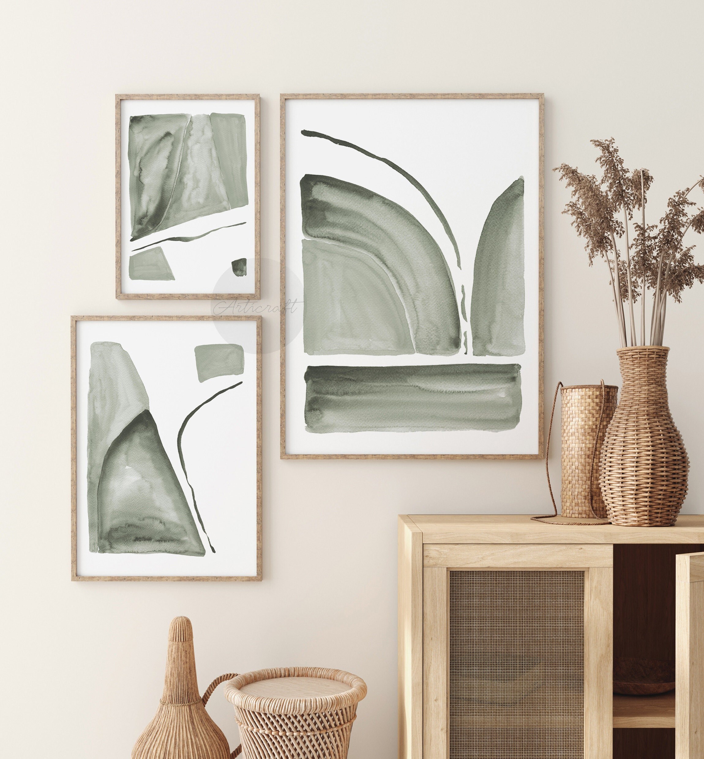 Sage Green Abstract Watercolor Art Set of 3 Prints, Digital Green Wall ...