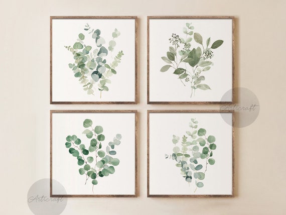 Watercolor Botanical Print Set of 4, Eucalyptus Printable Gallery Wall art, Sage Green Art, Square Prints, Modern Home Decor Art