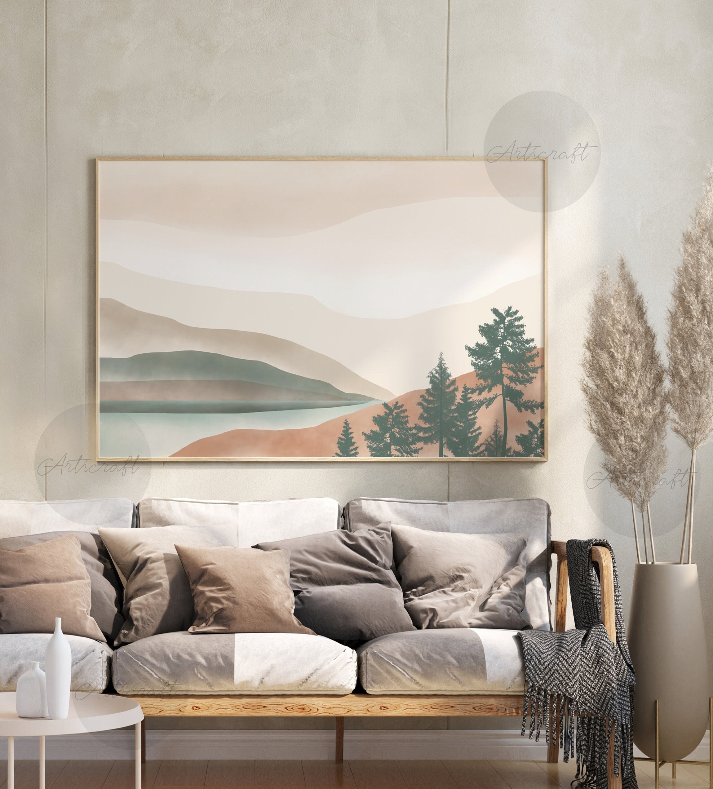 Horizontal Mountain Print Boho Green Orange Mountain Abstract Landscape Mid Century Modern Sage Wall Decor Mountain Wall Art Poster Etsy