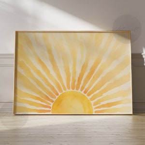 Horizontal Boho Sun Print, Yellow Sun, Watercolor Printable Sun, Abstract Sunrise Nursery Wall Art Decor, Scandinavian Midcentury Modern Art