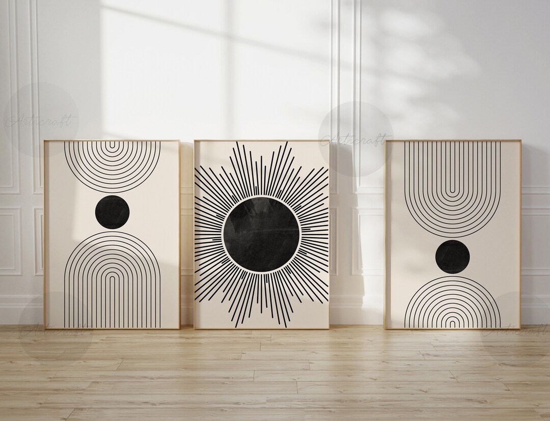 Mid Century Modern Geometric Art Set of 3 Prints, Boho Sun Wall Decor ...