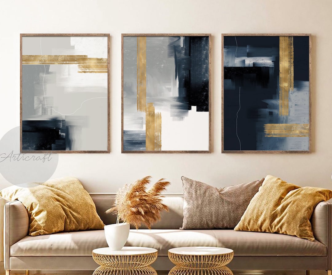 Navy Blue, Gray and Gold Abstract Art, Modern 3 Piece Art, Painting ...