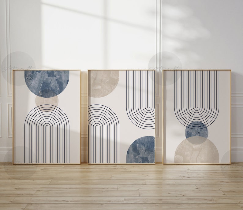 Mid Century Modern Geometric Art Set of 3 Prints, Beige and Navy Blue ...