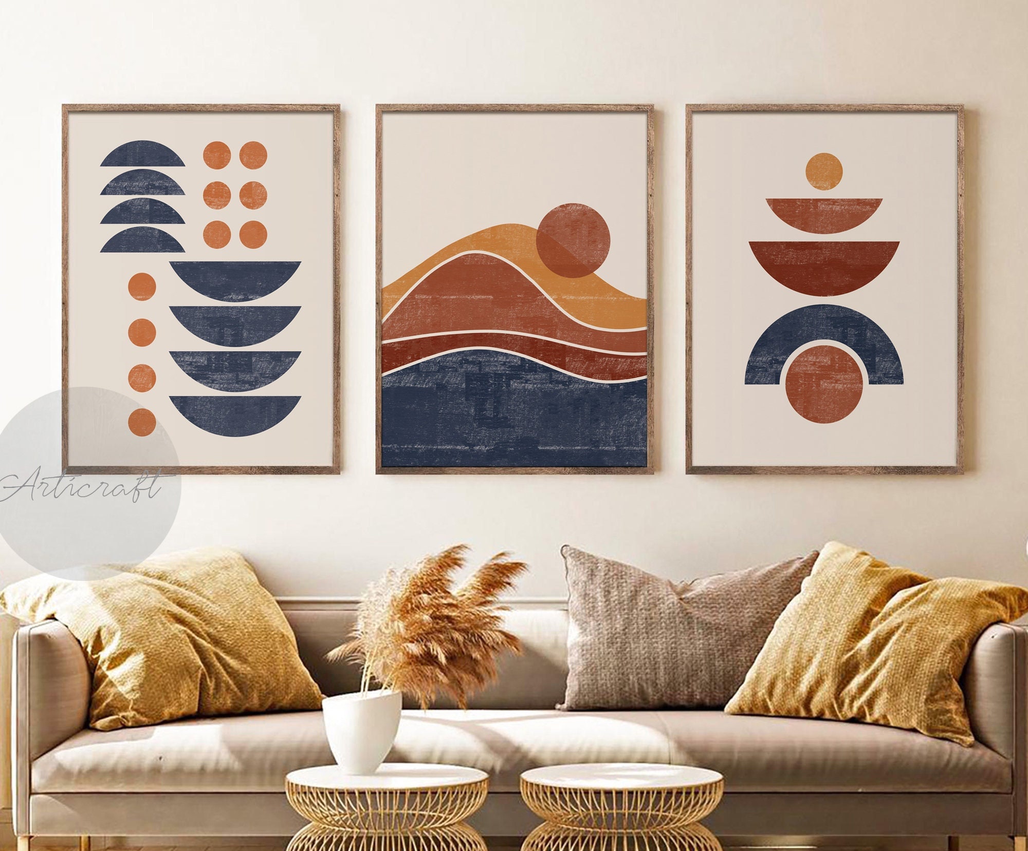 Framed Terracotta Blue and Orange Abstract Canvas Wall Art Set of 3 Burnt  Orange Boho Wall Decor Navy Blue 3 Piece Mid Century Modern Wall Paintings