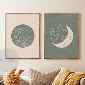 Green Sun and Moon Art Set of 2 Prints, Modern Boho Sage Sun and Moon Boho Print Set, Flower moon Abstract Art, Stars, Wall Art decor Art