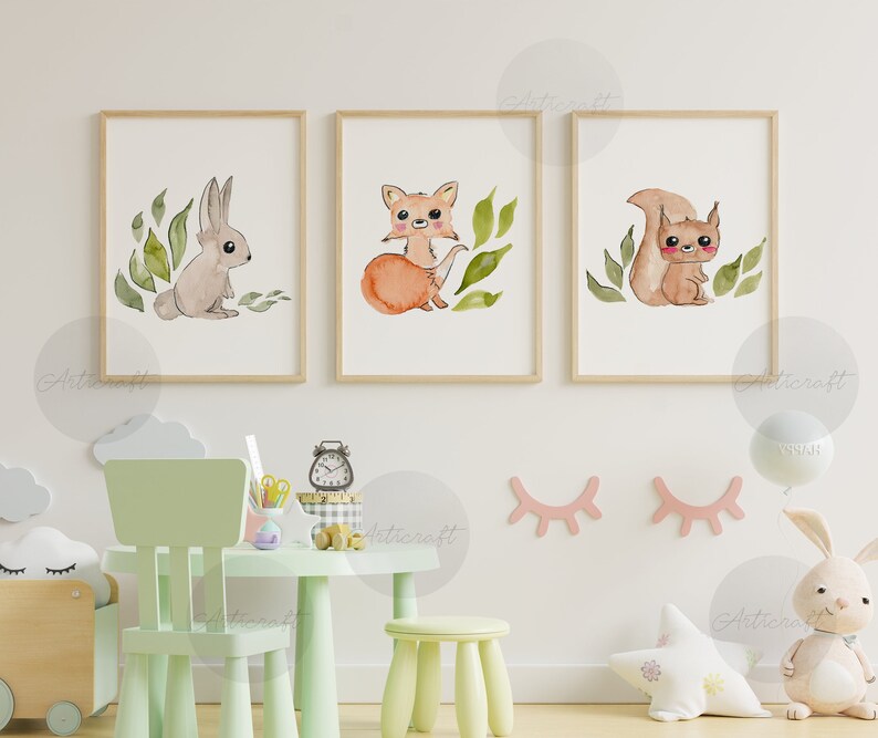 Animal Print Set of 3 Boho Nursery Wall Art Fox Bunny Etsy