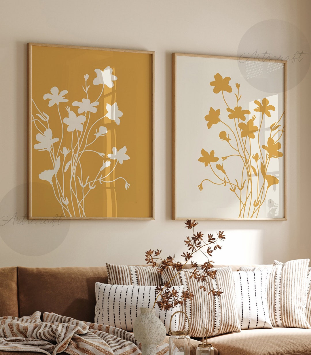 Minimalist Botanical Print Set of 2, Boho Mustard Yellow Gallery Wall ...