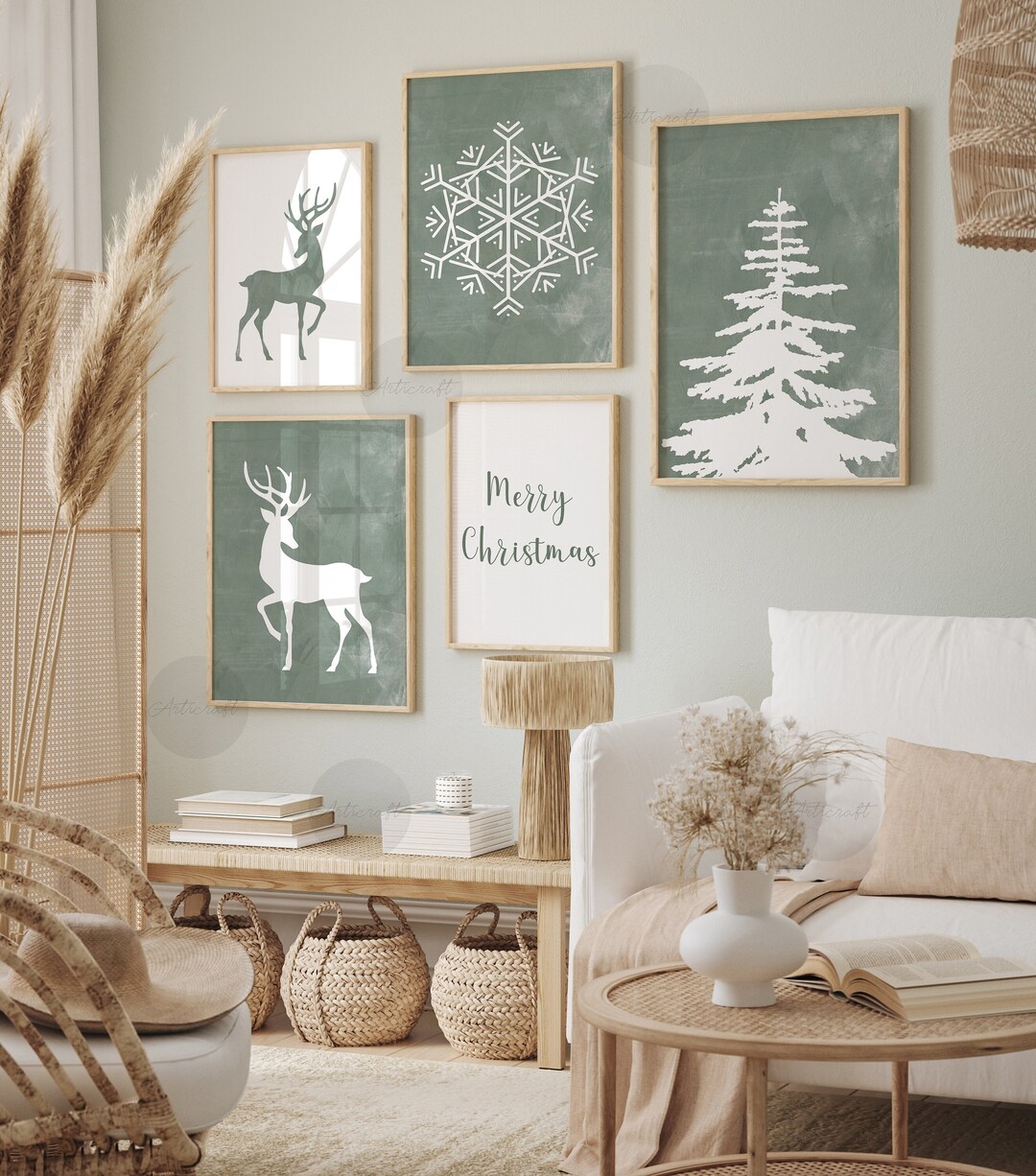 Sage Green Christmas Print Set of 5, Printable Snowflake, Pine Tree