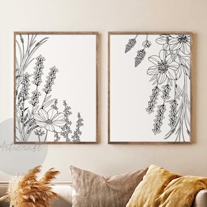 Botanical Line Print Set of 2, Gallery Wall art, Line Flowers Printable Art, Wild Flowers Art, Black and White Floral Modern Home Decor Art