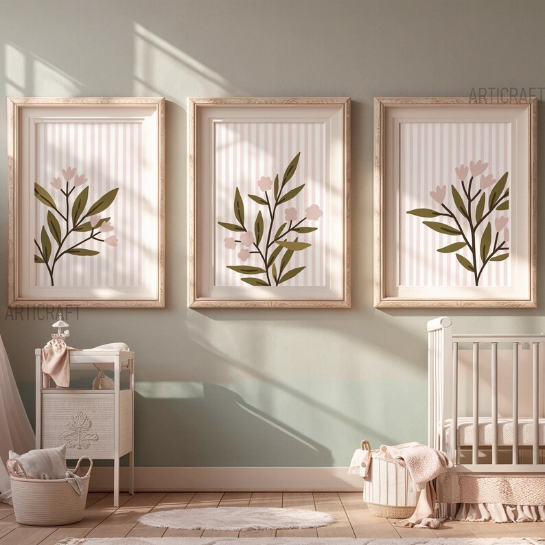 Blush Pink Stripe Floral Printable 3 Set Retro Flowers Wall Art Digital ...
